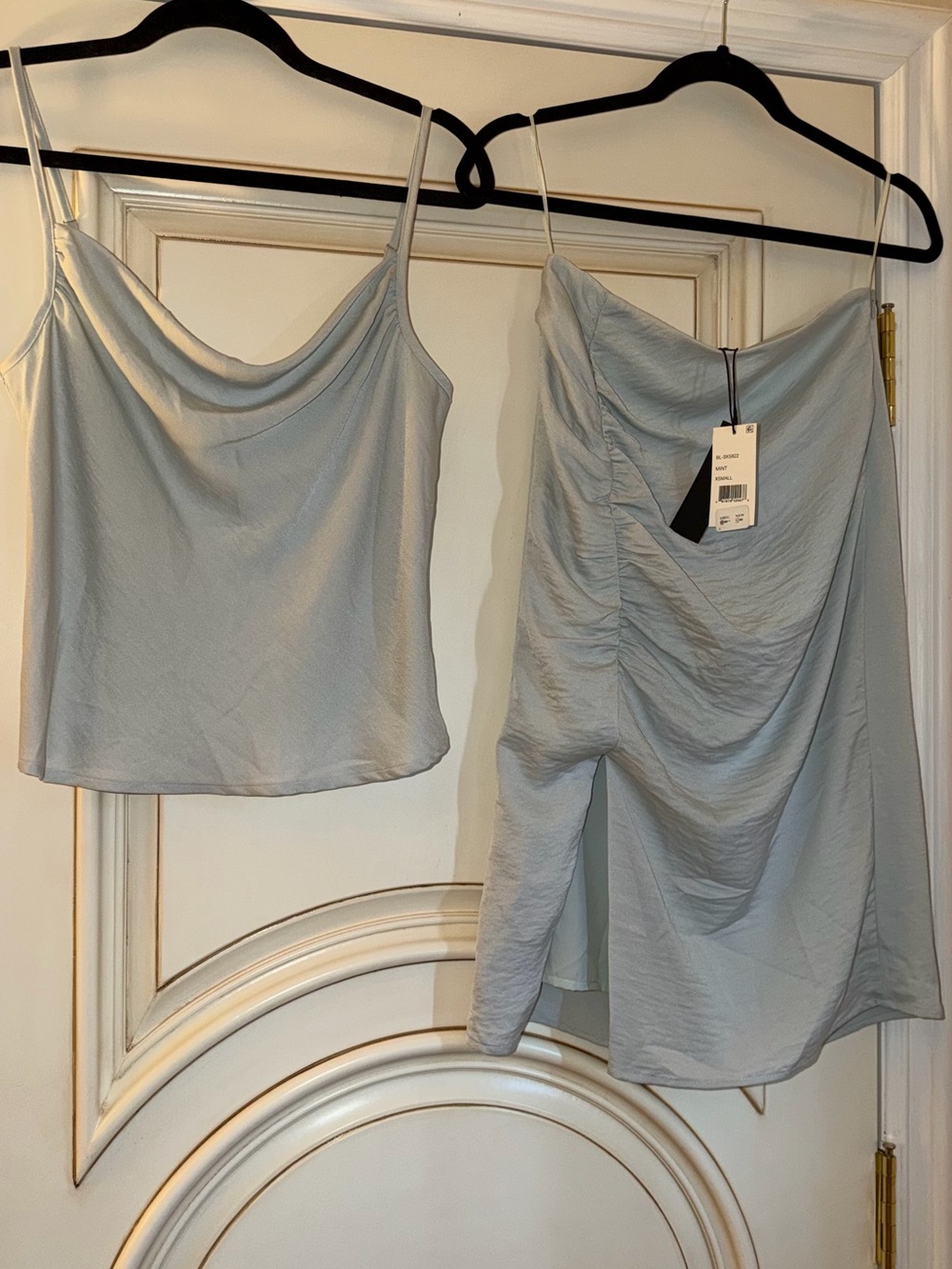 Lucy Paris Mint Satin Cowl Cami & Asymmetrical Ruched Skirt Set
